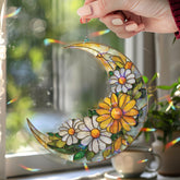Crescent Moon Daisy Acrylic Suncatcher, Stained Glass Style Yellow White Floral Window Hanging, Summer Flower Home Decor Gift